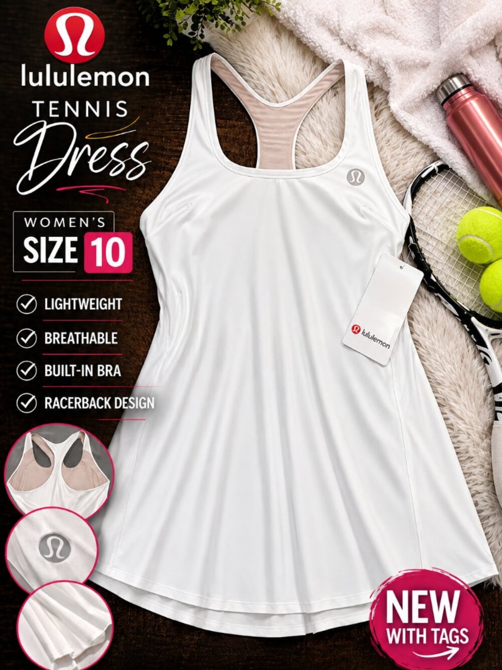 Lululemon Lightweight Tennis Dress White Women’s Size 10 Athletic NWT
